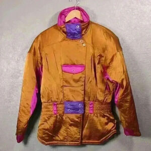 VINTAGE 80s Gerry Ski Snow Coat Metallic Copper Purple Space Age Women Large